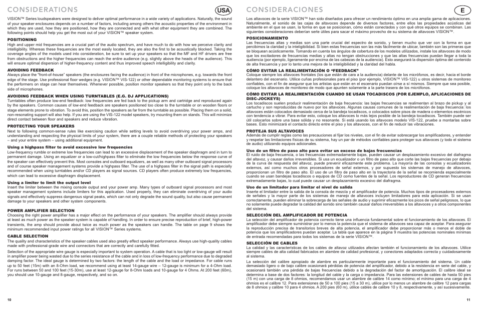 Considerations, Consideraciones, Usa e | Cerwin-Vega VIS-218 User Manual | Page 6 / 8