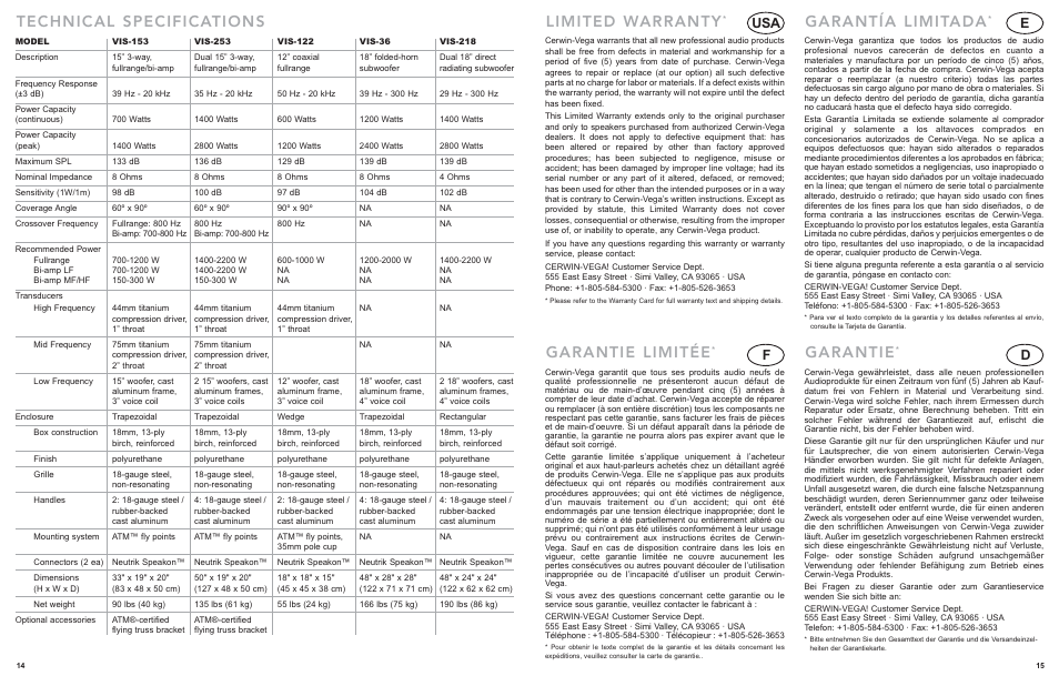 Technical specifications, Limited warranty, Garantía limitada | Garantie limitée, Garantie, Df e usa | Cerwin-Vega VIS-218 User Manual | Page 8 / 8