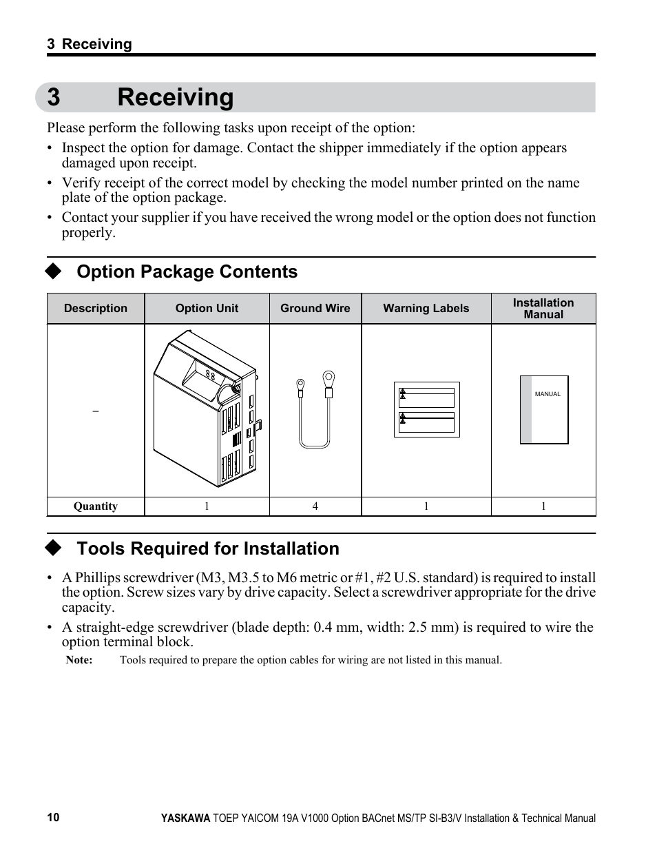 Receiving, Option package contents, Tools required for installation | 3receiving | Yaskawa BACnet MS/TP SI-B3/V User Manual | Page 10 / 52