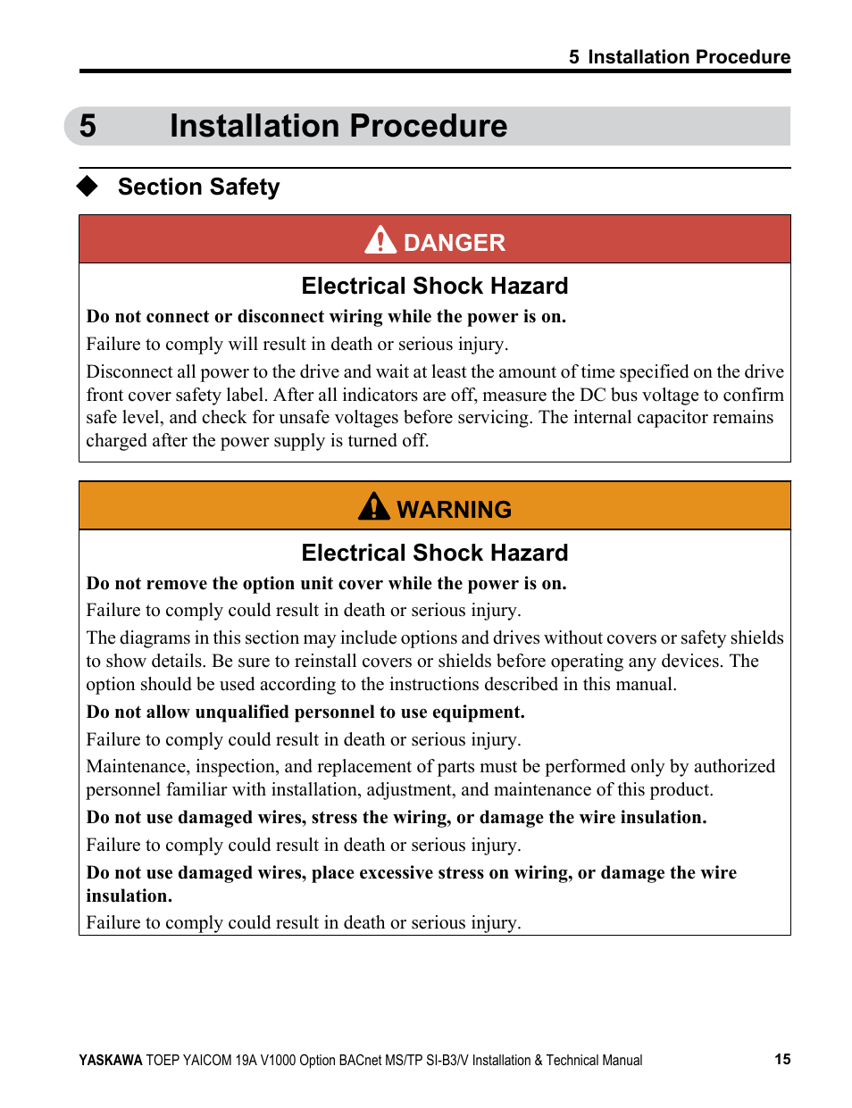 Installation procedure, Section safety, 5installation procedure | Yaskawa BACnet MS/TP SI-B3/V User Manual | Page 15 / 52