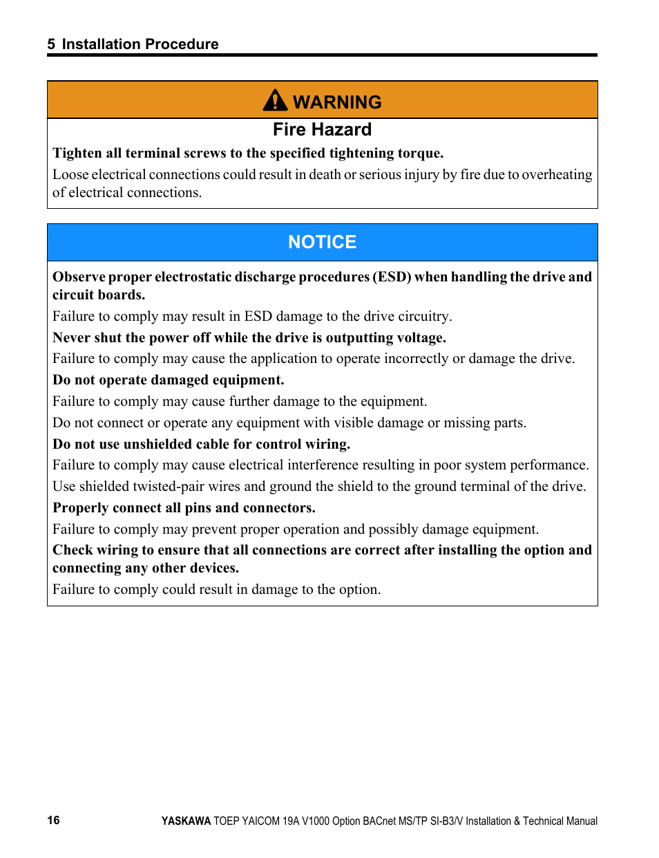 Warning fire hazard, Notice | Yaskawa BACnet MS/TP SI-B3/V User Manual | Page 16 / 52