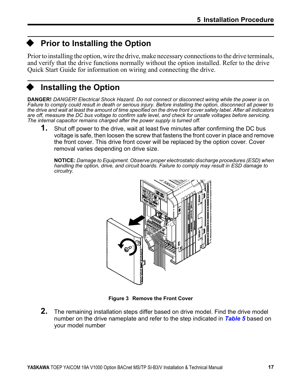 Prior to installing the option, Installing the option | Yaskawa BACnet MS/TP SI-B3/V User Manual | Page 17 / 52