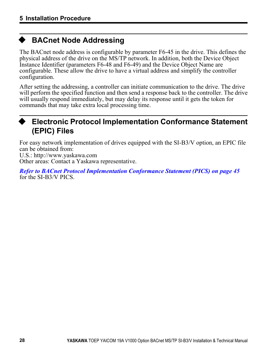 Bacnet node addressing | Yaskawa BACnet MS/TP SI-B3/V User Manual | Page 28 / 52