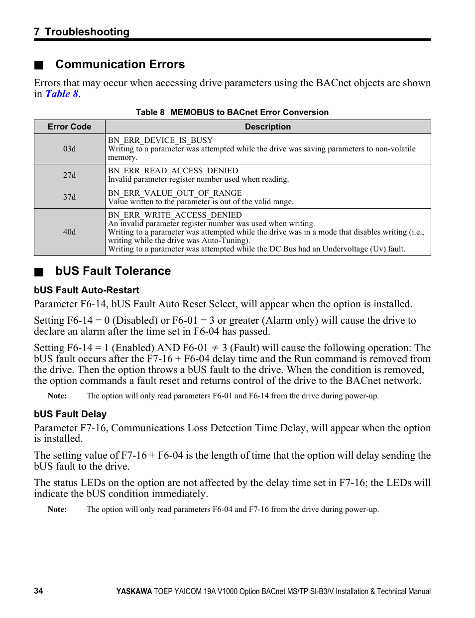 Communication errors, Bus fault tolerance | Yaskawa BACnet MS/TP SI-B3/V User Manual | Page 34 / 52
