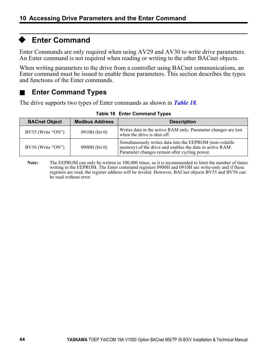 Enter command, Enter command types | Yaskawa BACnet MS/TP SI-B3/V User Manual | Page 44 / 52