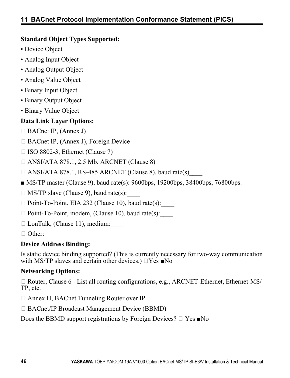 Yaskawa BACnet MS/TP SI-B3/V User Manual | Page 46 / 52