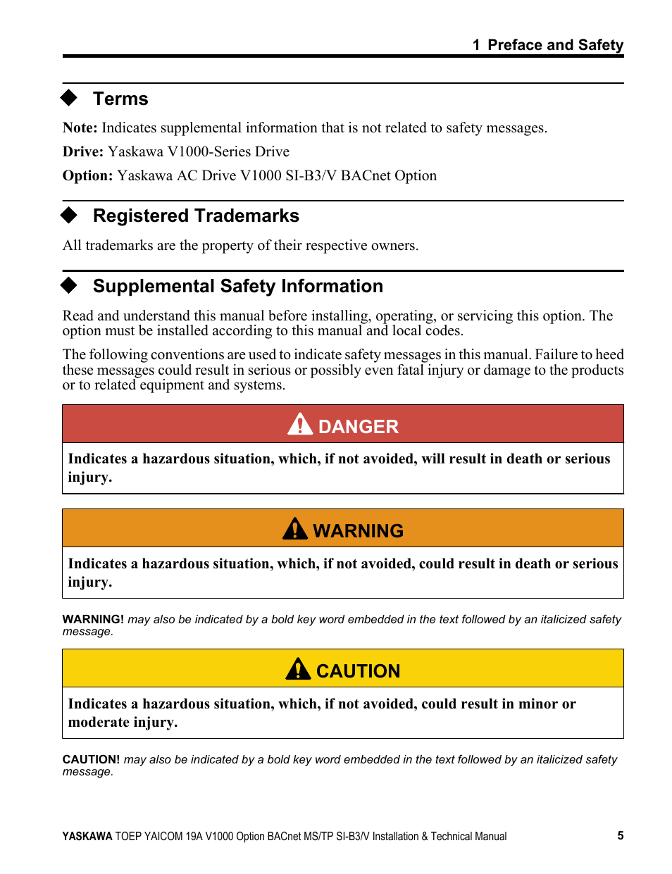 Terms, Registered trademarks, Supplemental safety information | Danger, Warning, Caution | Yaskawa BACnet MS/TP SI-B3/V User Manual | Page 5 / 52