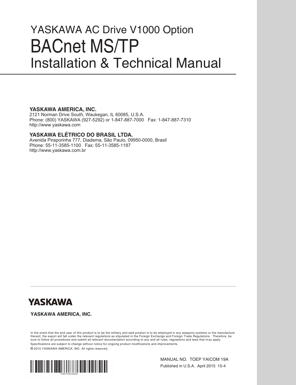 Bacnet ms/tp, Installation & technical manual, Yaskawa ac drive v1000 option | Yaskawa BACnet MS/TP SI-B3/V User Manual | Page 52 / 52