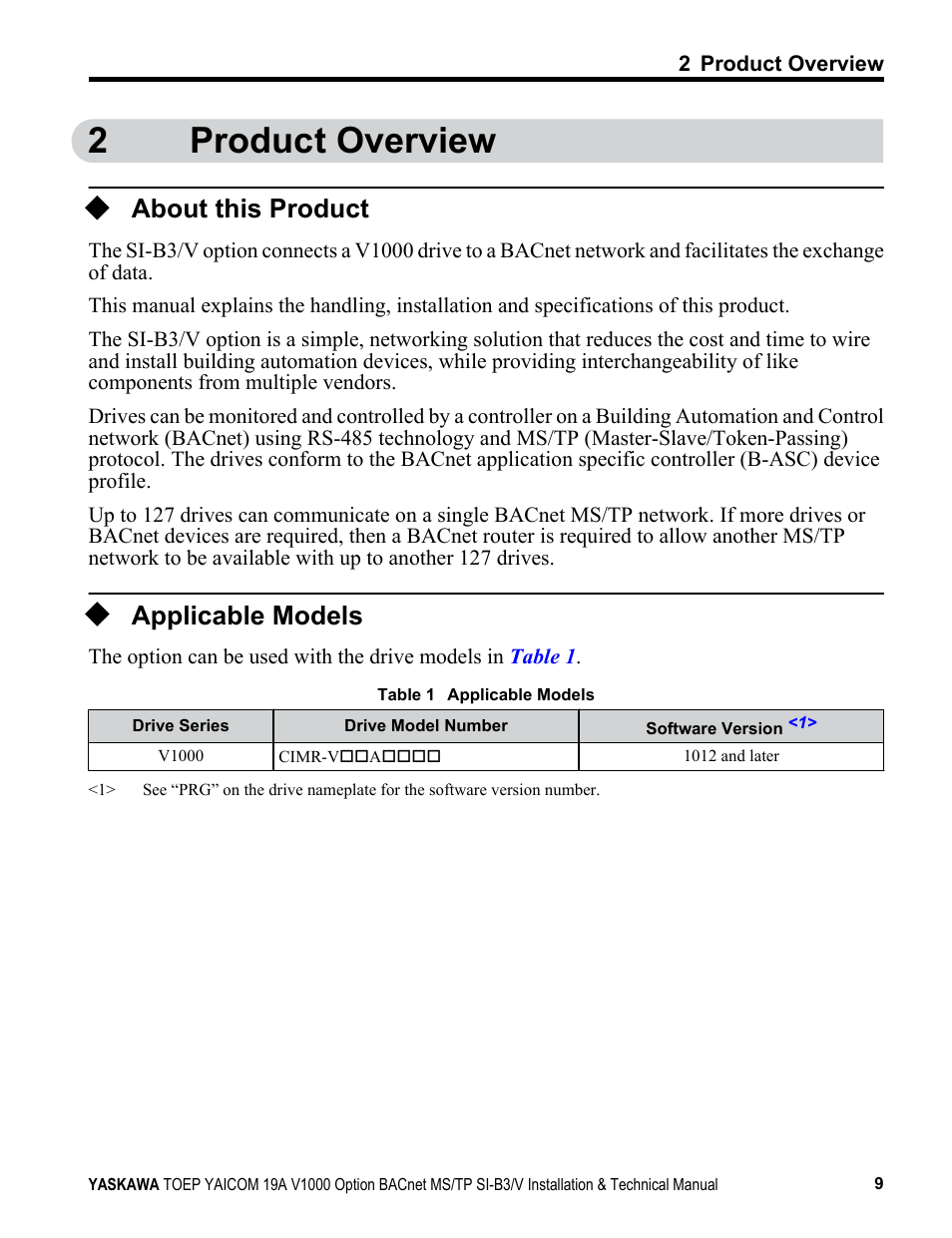 Product overview, About this product, Applicable models | 2product overview | Yaskawa BACnet MS/TP SI-B3/V User Manual | Page 9 / 52