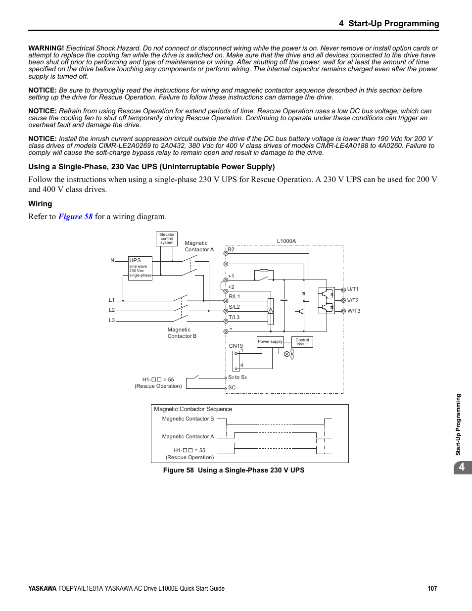 4 start-up programming, Refer to figure 58 for a wiring diagram, Wiring | Yaskawa L1000E AC Drive CIMR-LEA User Manual | Page 107 / 236