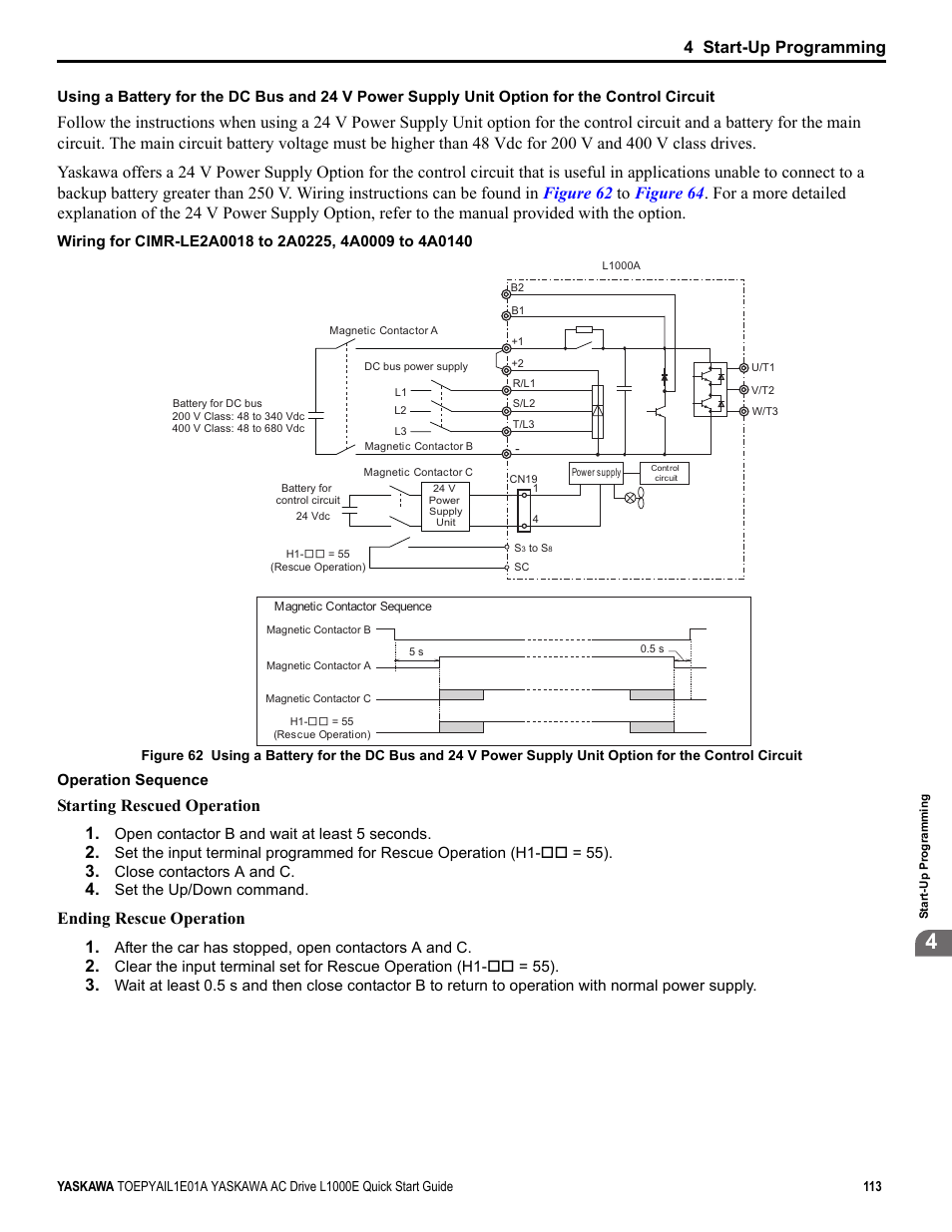 Yea_comm, 4 start-up programming, Starting rescued operation 1 | Ending rescue operation 1 | Yaskawa L1000E AC Drive CIMR-LEA User Manual | Page 113 / 236