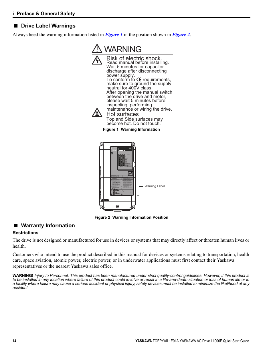 Warning, Risk of electric shock. hot surfaces, Drive label warnings | Warranty information, Yea_co mmon, I preface & general safety, Top and side surfaces may become hot. do not touch | Yaskawa L1000E AC Drive CIMR-LEA User Manual | Page 14 / 236