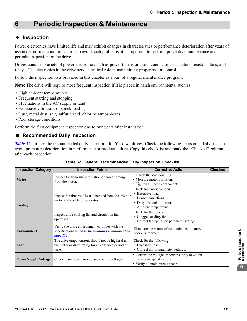 6 periodic inspection & maintenance, Inspection, 6periodic inspection & maintenance | Yaskawa L1000E AC Drive CIMR-LEA User Manual | Page 141 / 236