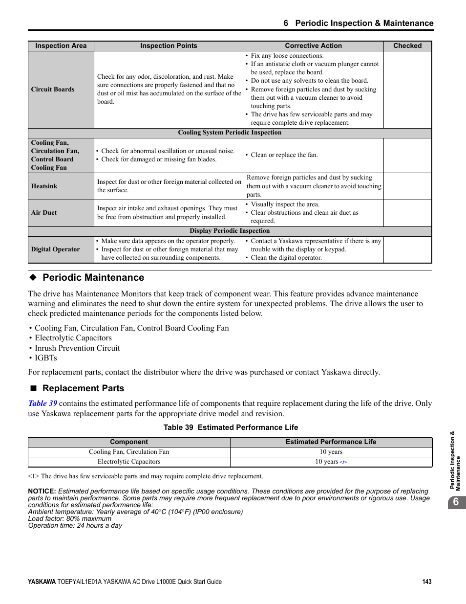 Periodic maintenance, Replacement parts | Yaskawa L1000E AC Drive CIMR-LEA User Manual | Page 143 / 236