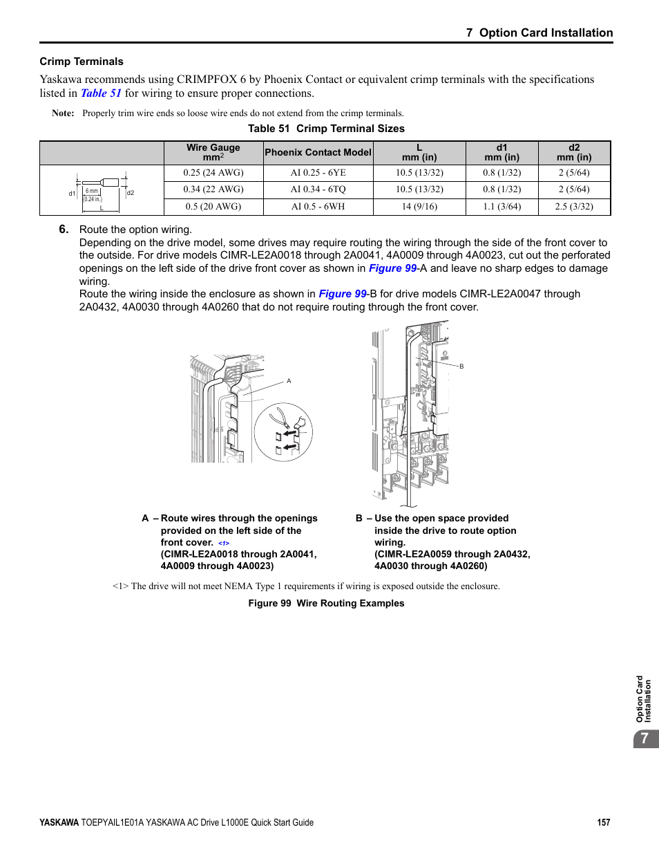 7 option card installation | Yaskawa L1000E AC Drive CIMR-LEA User Manual | Page 157 / 236