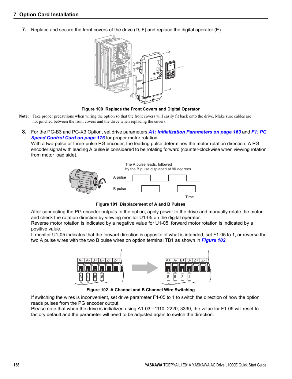 Yea_comm, 7 option card installation | Yaskawa L1000E AC Drive CIMR-LEA User Manual | Page 158 / 236