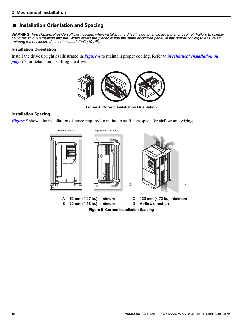 Installation orientation and spacing, Yea_comm | Yaskawa L1000E AC Drive CIMR-LEA User Manual | Page 18 / 236