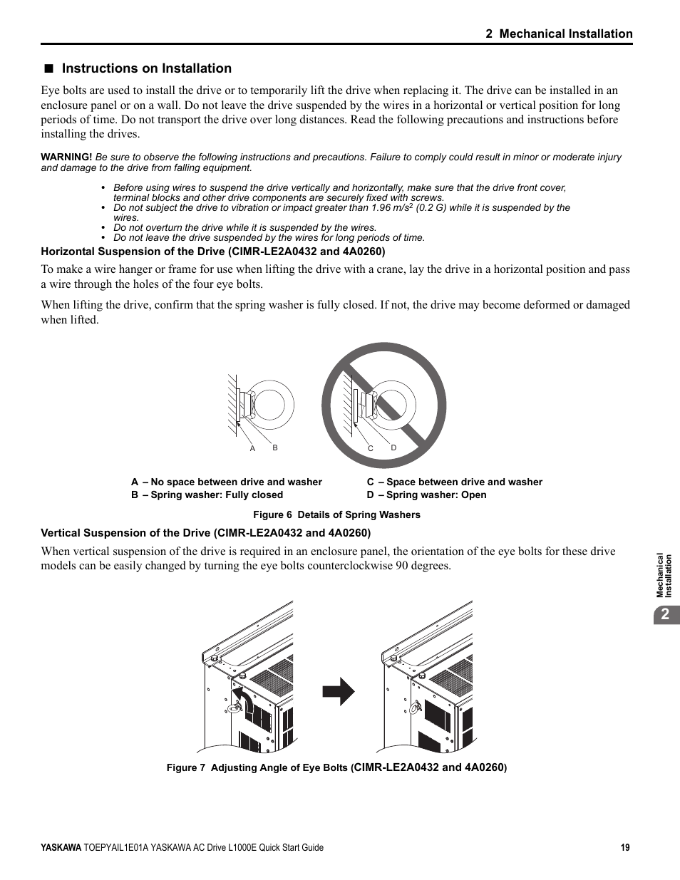 Instructions on installation, 2 mechanical installation | Yaskawa L1000E AC Drive CIMR-LEA User Manual | Page 19 / 236