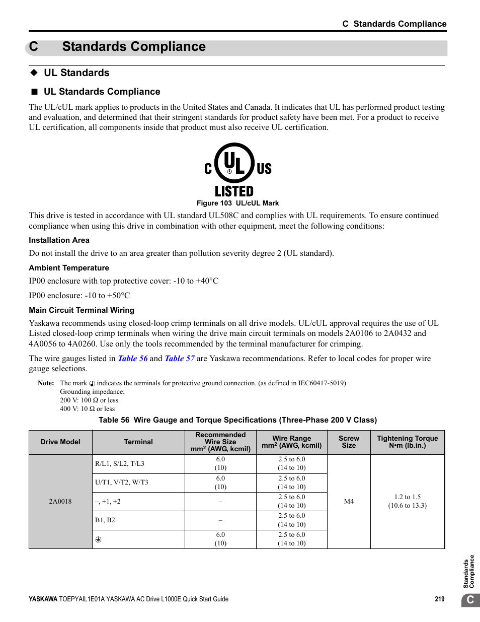 C standards compliance, Ul standards, For information | Cstandards compliance, Ul standards compliance | Yaskawa L1000E AC Drive CIMR-LEA User Manual | Page 219 / 236