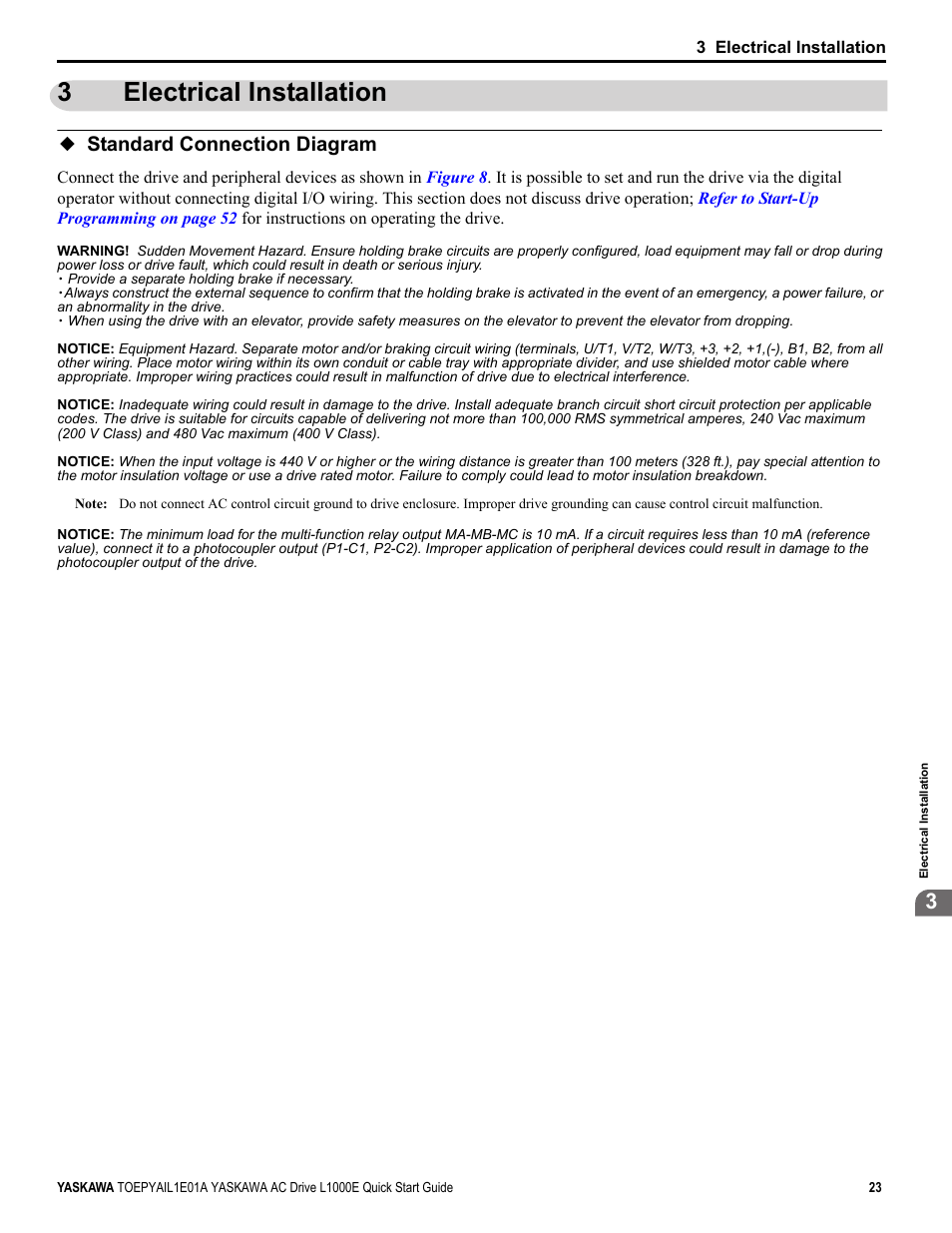 3 electrical installation, Standard connection diagram, 3electrical installation | Yaskawa L1000E AC Drive CIMR-LEA User Manual | Page 23 / 236