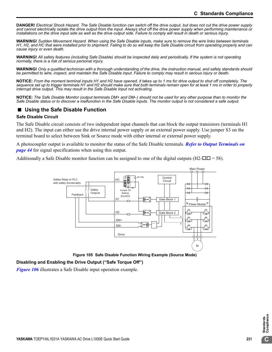 Using the safe disable function, C standards compliance | Yaskawa L1000E AC Drive CIMR-LEA User Manual | Page 231 / 236