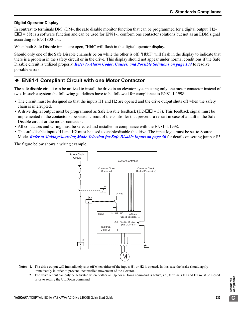 En81-1 compliant circuit with one motor contactor | Yaskawa L1000E AC Drive CIMR-LEA User Manual | Page 233 / 236