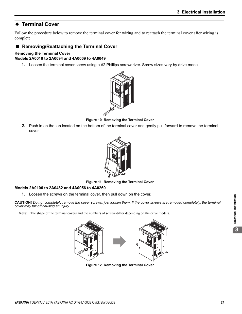 Terminal cover, Removing/reattaching the terminal cover, Yea_common | Yaskawa L1000E AC Drive CIMR-LEA User Manual | Page 27 / 236