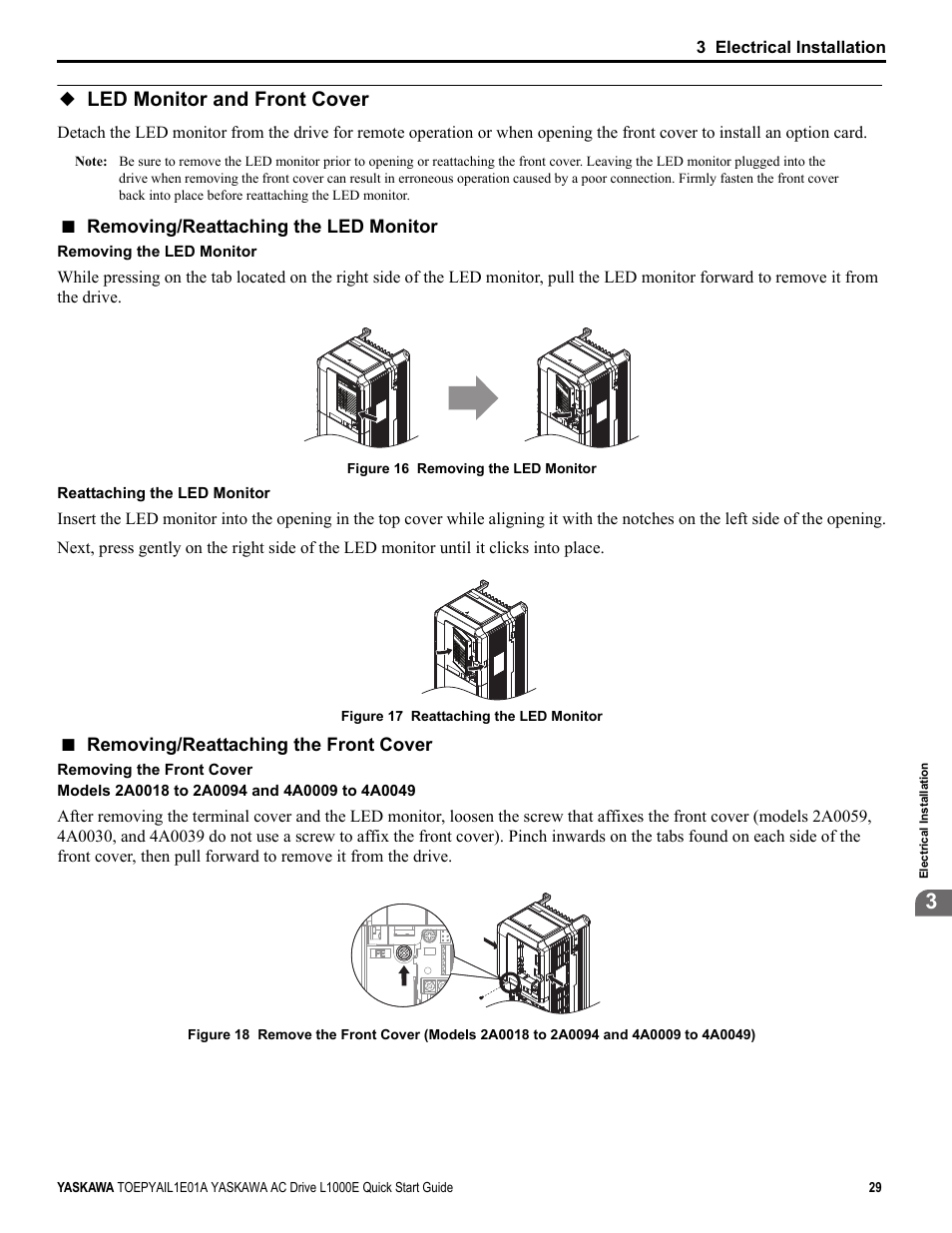 Led monitor and front cover, Removing/reattaching the led monitor, Removing/reattaching the front cover | Yea_common, Yea_commo | Yaskawa L1000E AC Drive CIMR-LEA User Manual | Page 29 / 236