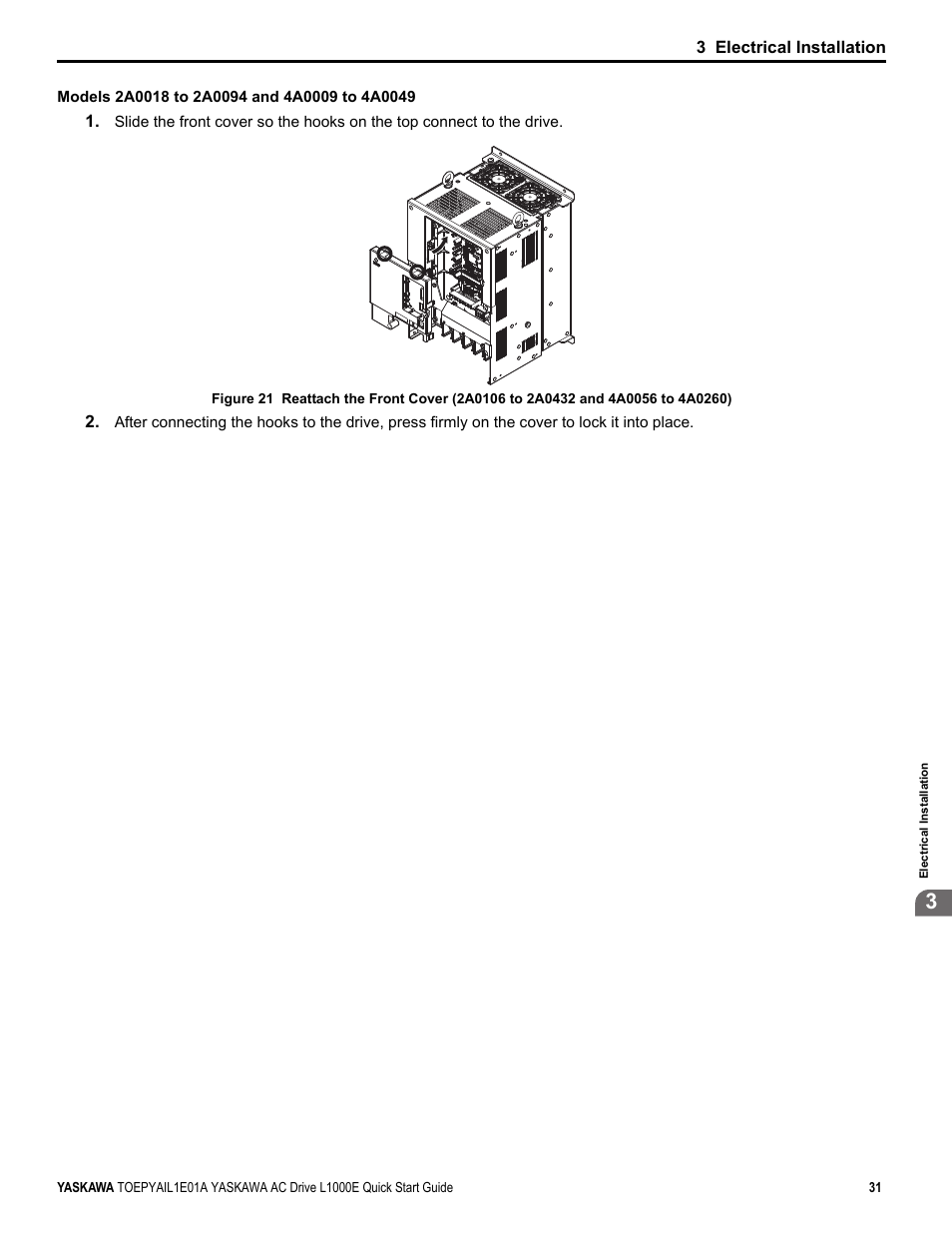 3 electrical installation | Yaskawa L1000E AC Drive CIMR-LEA User Manual | Page 31 / 236