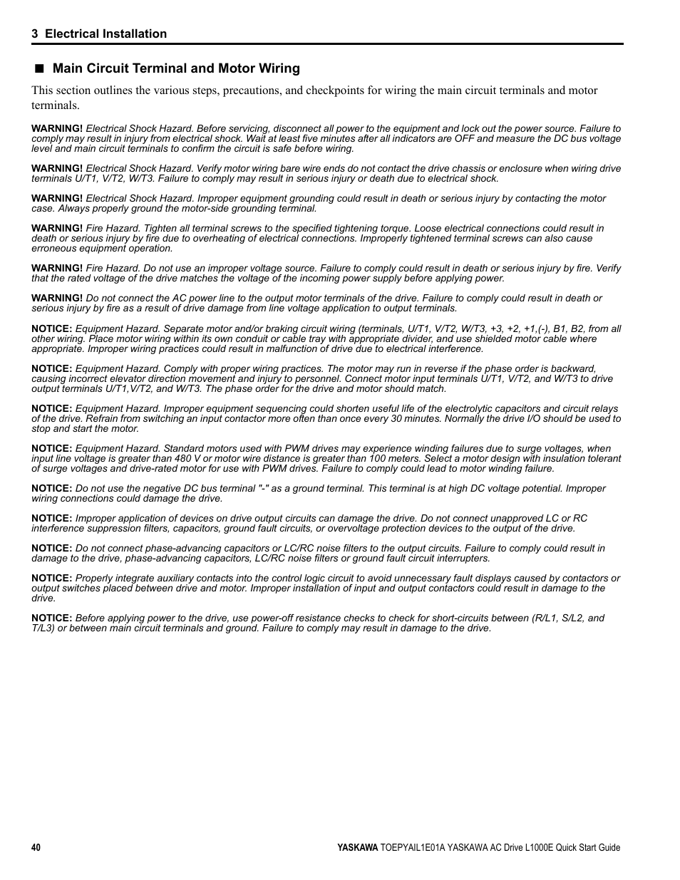Main circuit terminal and motor wiring | Yaskawa L1000E AC Drive CIMR-LEA User Manual | Page 40 / 236