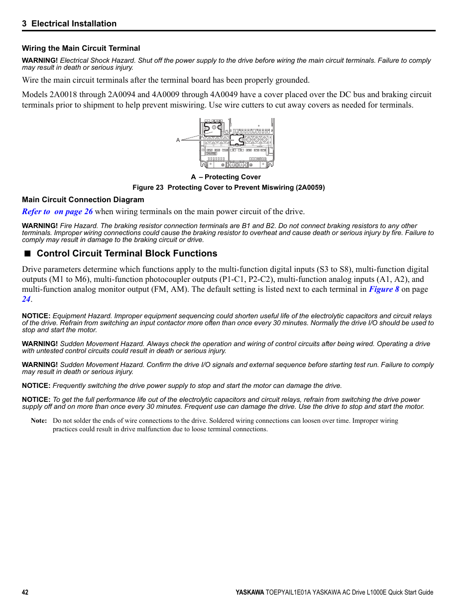 Pass through the opening provided, Refer to wiring the main circuit terminal on, Refer to | Yaskawa L1000E AC Drive CIMR-LEA User Manual | Page 42 / 236