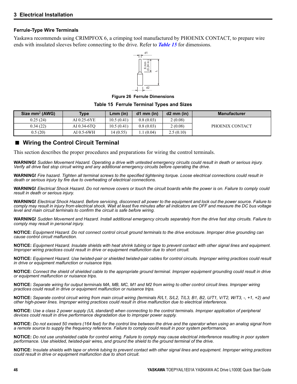 Refer to, Table 15, Wiring the control circuit terminal | Yea_common | Yaskawa L1000E AC Drive CIMR-LEA User Manual | Page 46 / 236