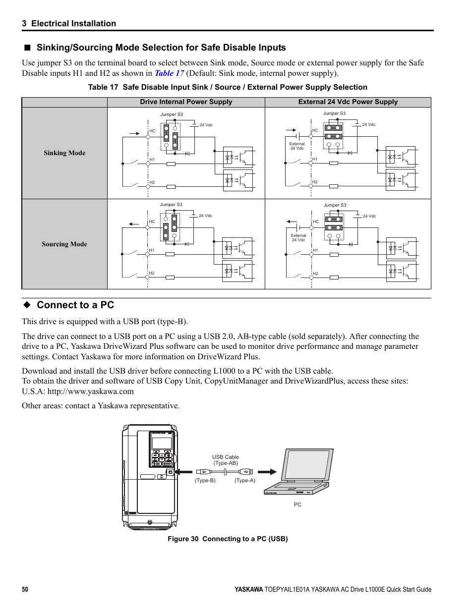 Connect to a pc, 3 electrical installation | Yaskawa L1000E AC Drive CIMR-LEA User Manual | Page 50 / 236