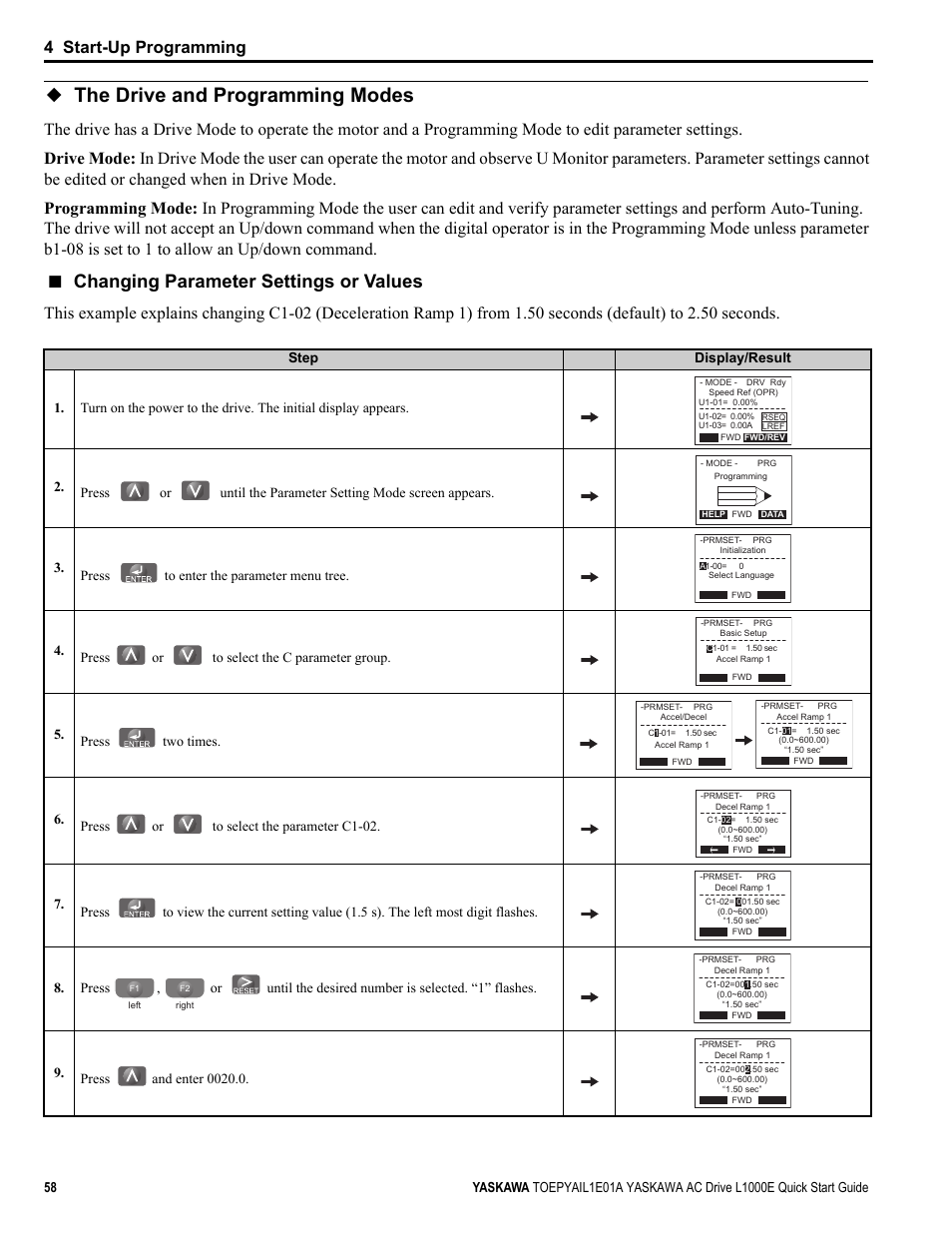 The drive and programming modes, Changing parameter settings or values, 4 start-up programming | Yaskawa L1000E AC Drive CIMR-LEA User Manual | Page 58 / 236