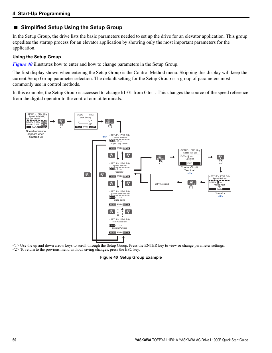 Simplified setup using the setup group, Yea_commo, 4 start-up programming | Using the setup group | Yaskawa L1000E AC Drive CIMR-LEA User Manual | Page 60 / 236