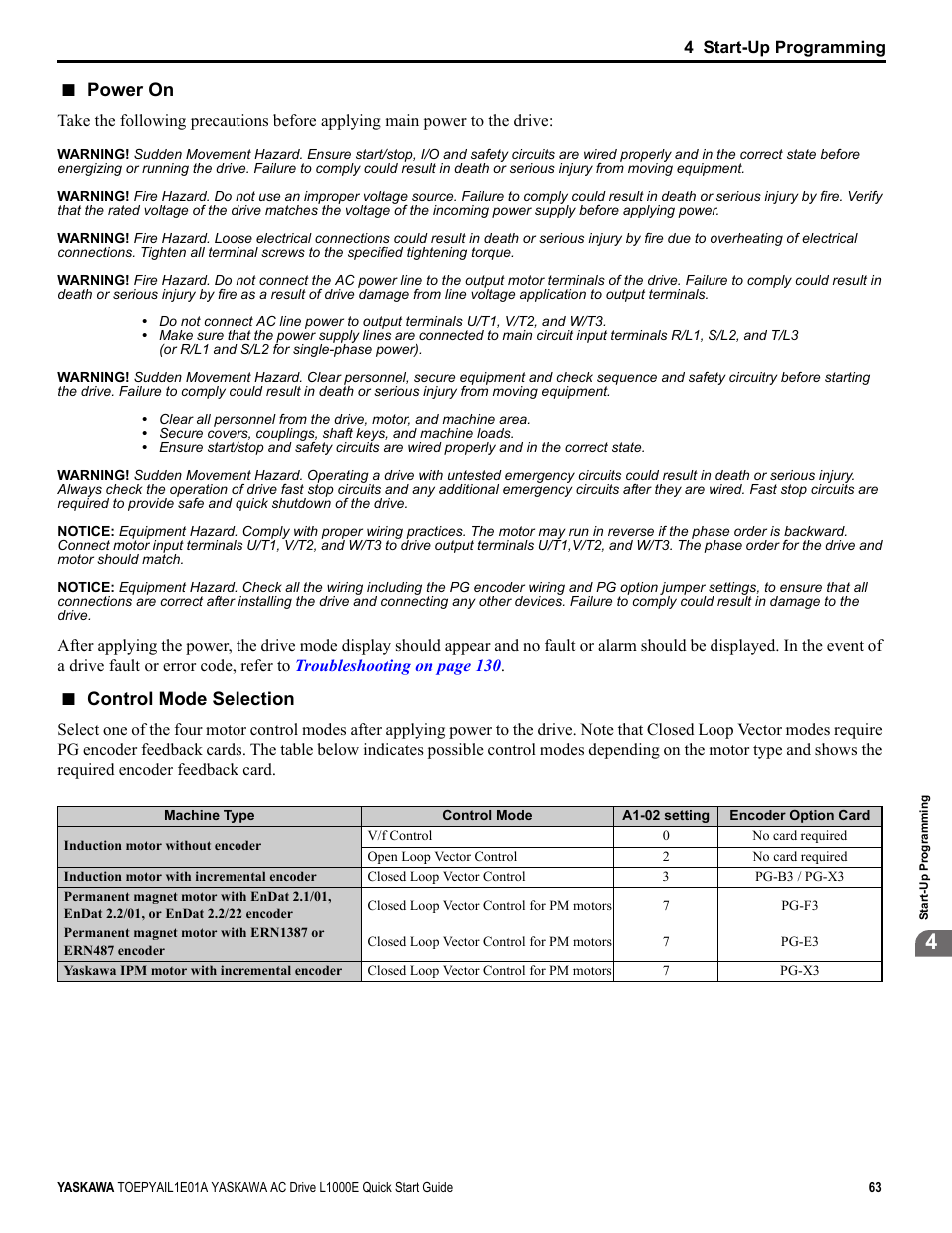 Power on, Control mode selection | Yaskawa L1000E AC Drive CIMR-LEA User Manual | Page 63 / 236