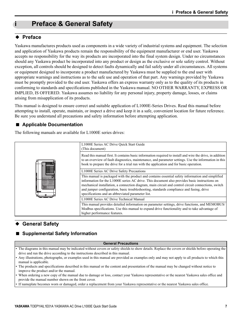 I preface & general safety, Preface, General safety | Preface general safety, Ipreface & general safety, Applicable documentation, Supplemental safety information, Yea_ c o m | Yaskawa L1000E AC Drive CIMR-LEA User Manual | Page 7 / 236