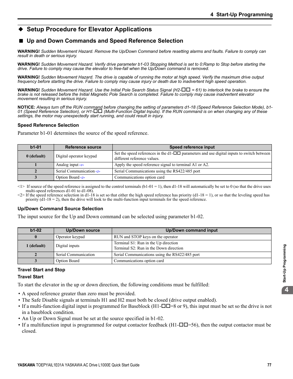 Setup procedure for elevator applications, Up and down commands and speed reference selection | Yaskawa L1000E AC Drive CIMR-LEA User Manual | Page 77 / 236