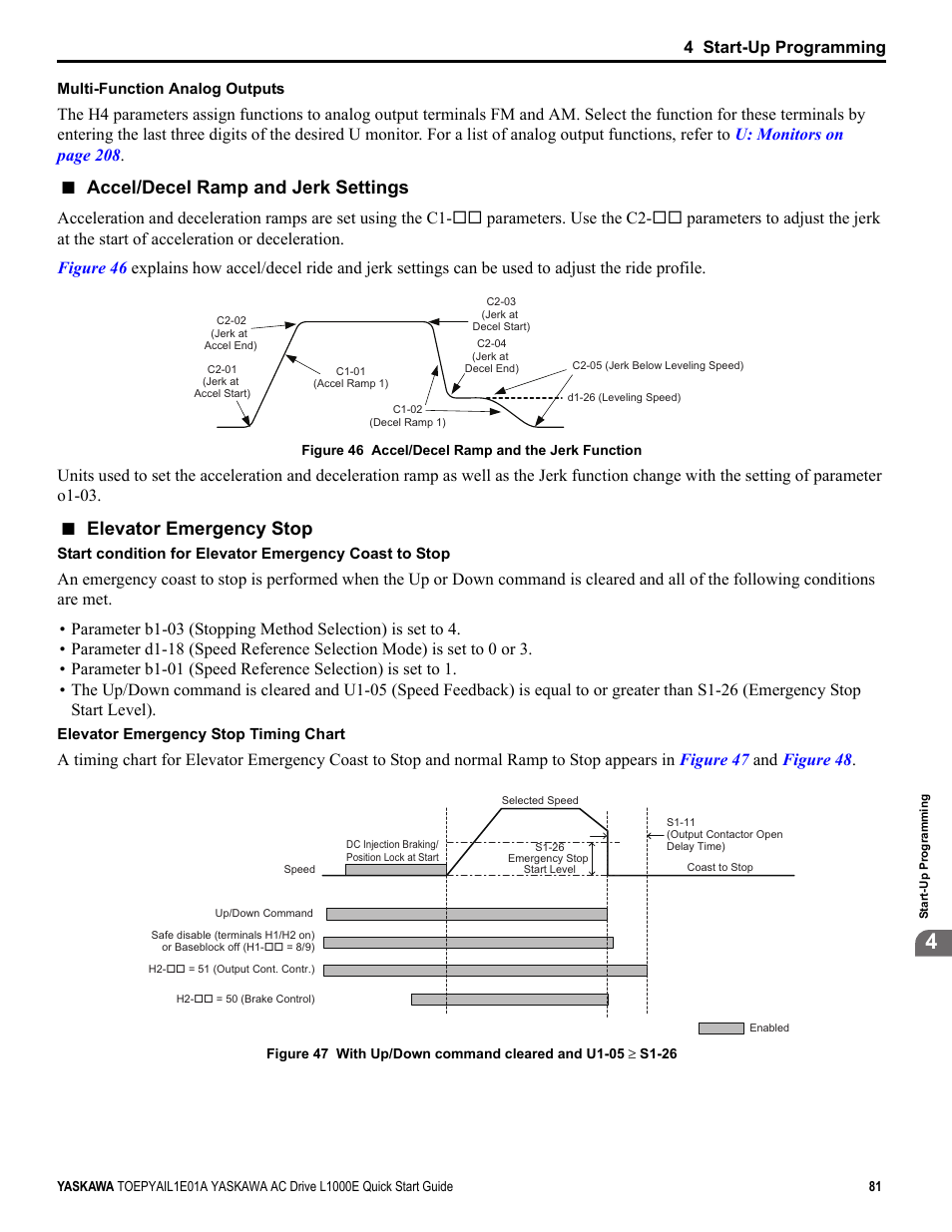 Accel/decel ramp and jerk settings, Elevator emergency stop, 4 start-up programming | Yaskawa L1000E AC Drive CIMR-LEA User Manual | Page 81 / 236