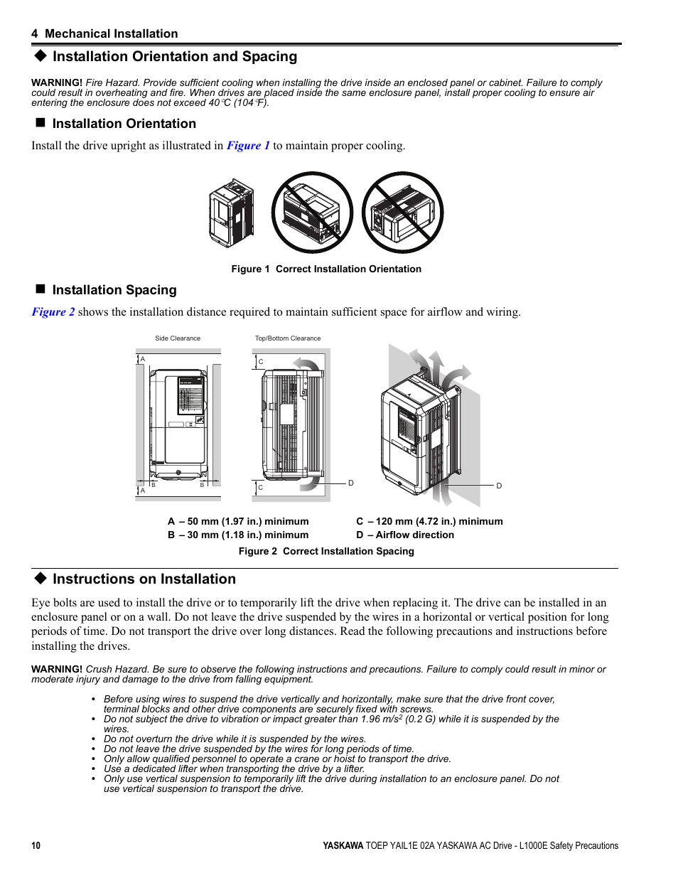 Installation orientation and spacing, Instructions on installation, Installation orientation | Installation spacing | Yaskawa AC Drive-L1000E Safety Precautions User Manual | Page 10 / 56