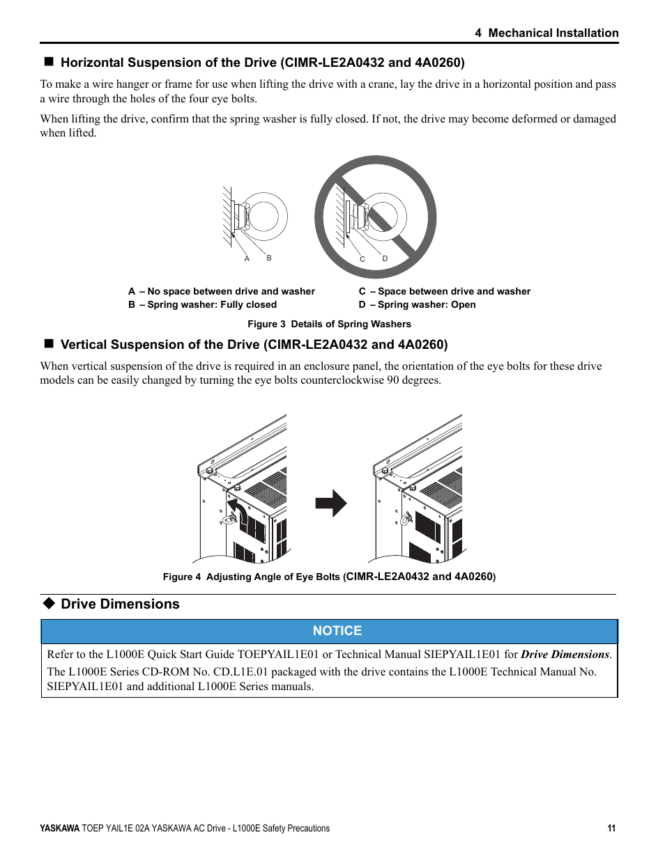 Drive dimensions | Yaskawa AC Drive-L1000E Safety Precautions User Manual | Page 11 / 56