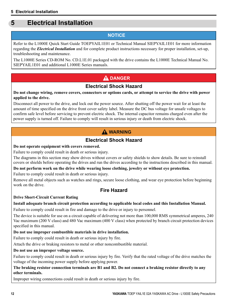 5 electrical installation, Electrical installation, 5electrical installation | Yaskawa AC Drive-L1000E Safety Precautions User Manual | Page 12 / 56