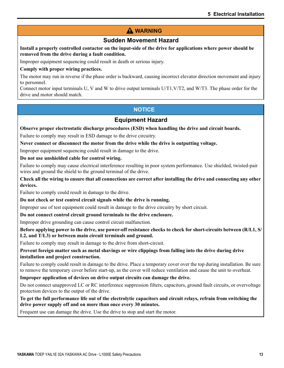 Yaskawa AC Drive-L1000E Safety Precautions User Manual | Page 13 / 56