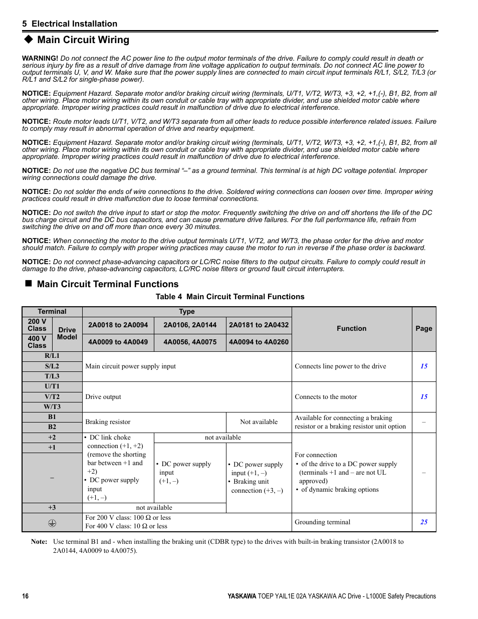Main circuit wiring, Main circuit terminal functions | Yaskawa AC Drive-L1000E Safety Precautions User Manual | Page 16 / 56
