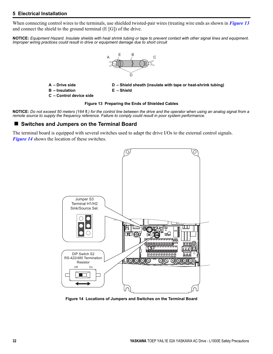 N in, Figure 13, Switches and jumpers on the terminal board | Yaskawa AC Drive-L1000E Safety Precautions User Manual | Page 32 / 56