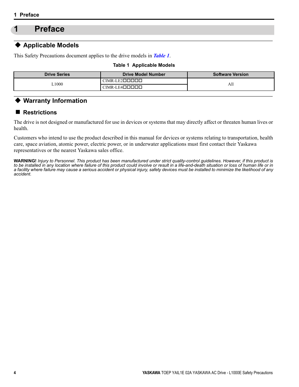 1 preface, Applicable models, Warranty information | Preface, 1preface | Yaskawa AC Drive-L1000E Safety Precautions User Manual | Page 4 / 56
