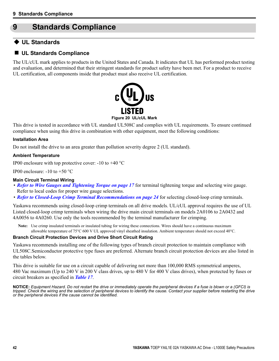 9 standards compliance, Ul standards, Standards compliance | 9standards compliance | Yaskawa AC Drive-L1000E Safety Precautions User Manual | Page 42 / 56