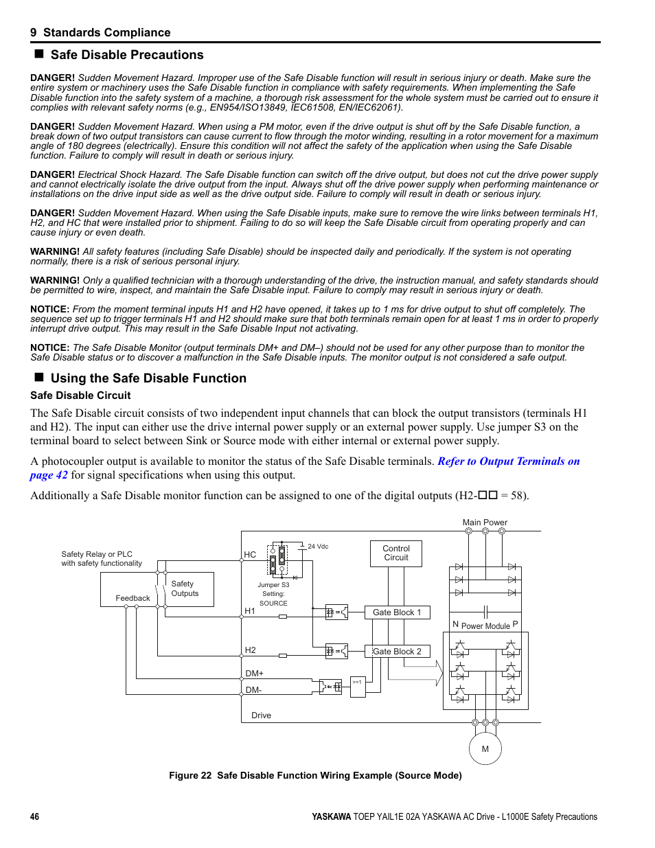 Safe disable precautions, Using the safe disable function, 9 standards compliance | Yaskawa AC Drive-L1000E Safety Precautions User Manual | Page 46 / 56