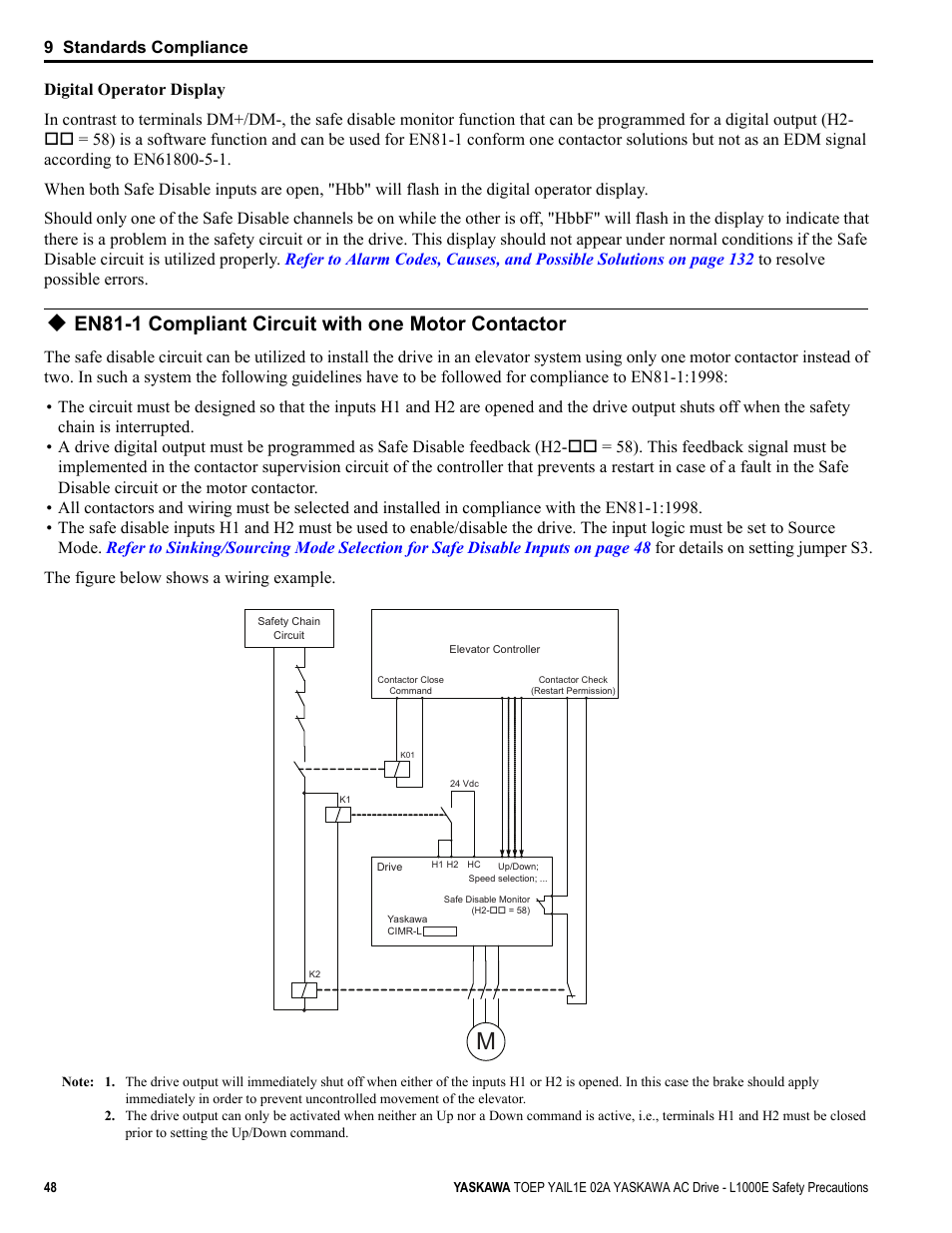 En81-1 compliant circuit with one motor contactor | Yaskawa AC Drive-L1000E Safety Precautions User Manual | Page 48 / 56