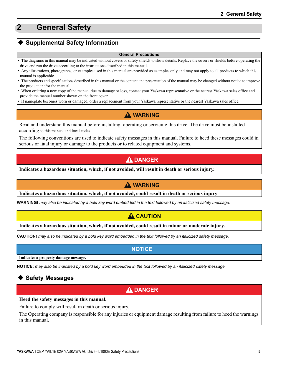 2 general safety, Supplemental safety information, Safety messages | General safety, 2general safety | Yaskawa AC Drive-L1000E Safety Precautions User Manual | Page 5 / 56